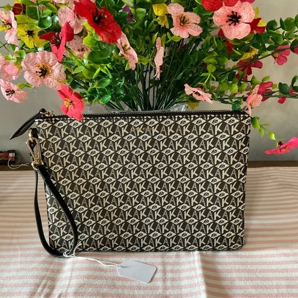 Anne Klein Handbags - Anne Klein Black and Tan Geometric Clutch with Wristlet Strap